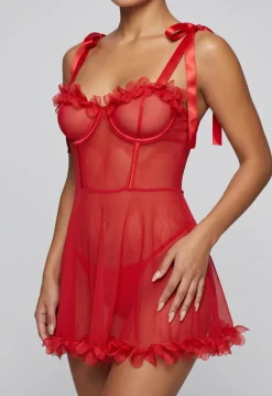 Rode Transparante Babydoll Lingerieset met Bloemenrand