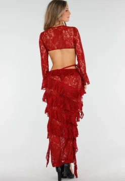 Rode Two Piece Set van Kant met Ruffles en Lange Mouwen