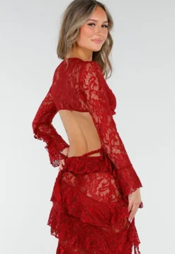 Rode Two Piece Set van Kant met Ruffles en Lange Mouwen
