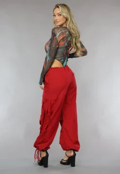 Rode Wijde Parachute Broek met Zakken