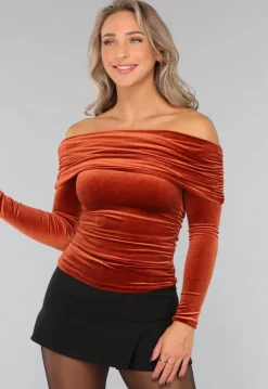Roestbruine Fluwelen Top met Blote Schouders