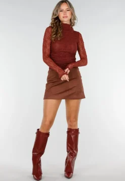 Roestbruine Suèdelook Rok in Mini Lengte met Effen Design