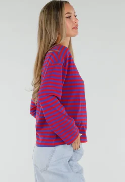 Rood Blauwe Gestreepte Top met Lange Mouwen en Ronde Hals