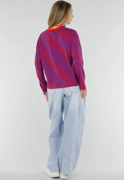 Rood Blauwe Gestreepte Top met Lange Mouwen en Ronde Hals