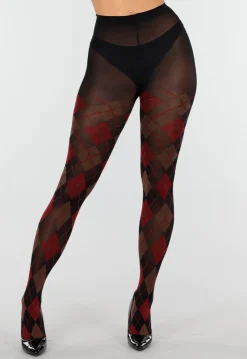 Rood Bruine 50 Den Panty met Argyle Print