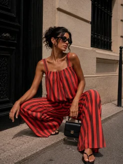 Rood Bruine Gestreepte Two Piece Set met Mouwloze Top en Wide Leg Broek