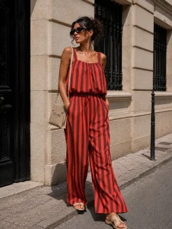 Rood Bruine Gestreepte Two Piece Set met Mouwloze Top en Wide Leg Broek