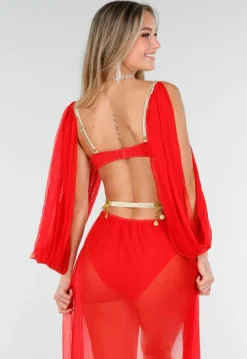 Rood Buikdanseres Kostuum met Gouden Accenten en Doorzichtige Rok