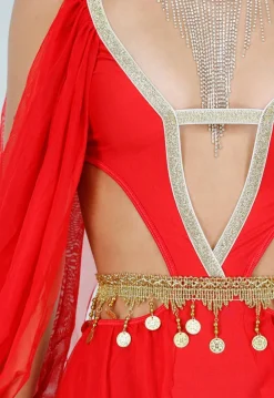 Rood Buikdanseres Kostuum met Gouden Accenten en Doorzichtige Rok