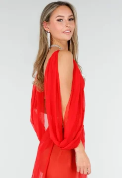 Rood Buikdanseres Kostuum met Gouden Accenten en Doorzichtige Rok