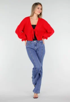 Rood Gebreid Vest met Strik aan de Voorzijde