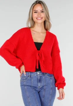 Rood Gebreid Vest met Strik aan de Voorzijde