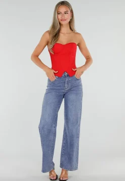 Rood Gestreept Strapless Korset met Baleinen, Beugel en Rits