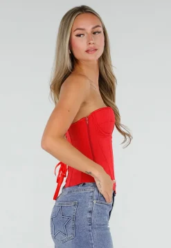 Rood Gestreept Strapless Korset met Baleinen, Beugel en Rits