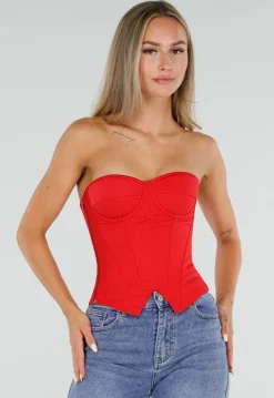 Rood Gestreept Strapless Korset met Baleinen, Beugel en Rits