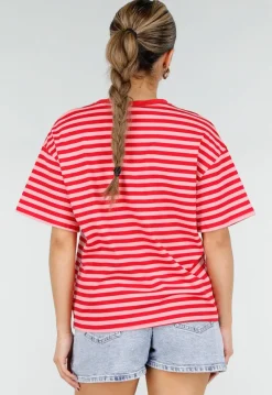 Rood Roze Gestreept T-shirt met Korte Mouwen en Ronde Hals