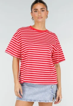 Rood Roze Gestreept T-shirt met Korte Mouwen en Ronde Hals