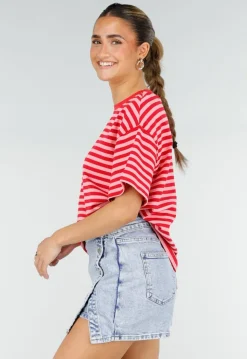 Rood Roze Gestreept T-shirt met Korte Mouwen en Ronde Hals