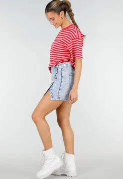 Rood Roze Gestreept T-shirt met Korte Mouwen en Ronde Hals