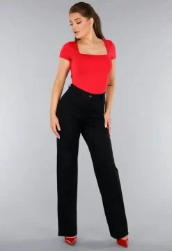 Rood Shirt in Stretchstof met Vierkante Hals en Korte Mouwen
