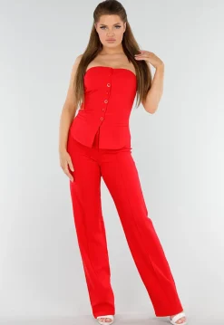 Rood Strapless Knoopdetail Korsettop met Plooi en Paspelzakken