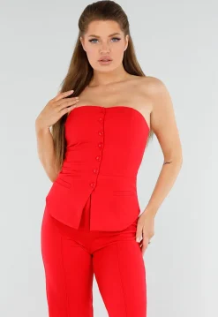 Rood Strapless Knoopdetail Korsettop met Plooi en Paspelzakken