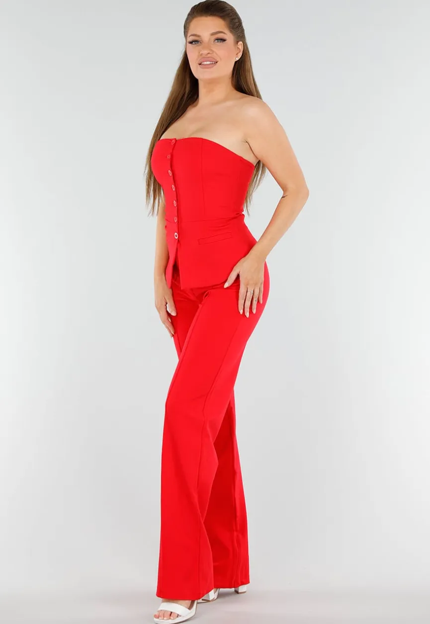 Rood Strapless Knoopdetail Korsettop met Plooi en Paspelzakken