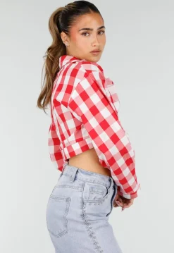 Rood Wit Geruite Cropped Blouse met Striksluiting