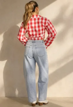 Rood Wit Geruite Cropped Blouse met Striksluiting