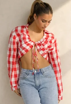 Rood Wit Geruite Cropped Blouse met Striksluiting