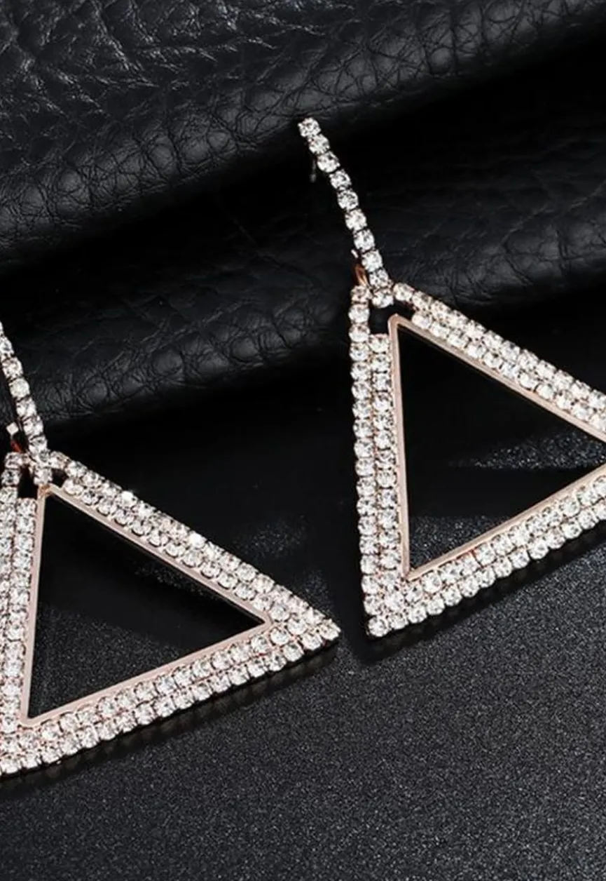 Rosé Gouden Stainless Driehoek Oorbellen met Glitter Steentjes