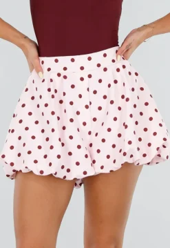 Roze Ballon Short met Bordeaux Stippen en Bubble Hem