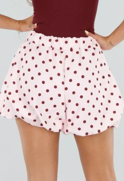 Roze Ballon Short met Bordeaux Stippen en Bubble Hem