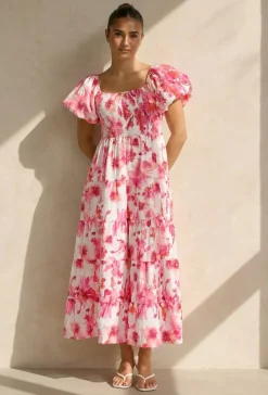Roze Bloemen Maxi Jurk met Pofmouwen en Gesmokte Taille