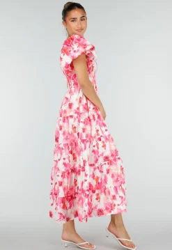 Roze Bloemen Maxi Jurk met Pofmouwen en Gesmokte Taille