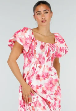 Roze Bloemen Maxi Jurk met Pofmouwen en Gesmokte Taille