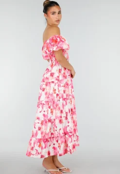 Roze Bloemen Maxi Jurk met Pofmouwen en Gesmokte Taille