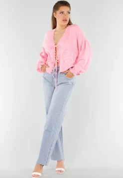 Roze Blouse met Hartzakken en Knooplint Detail