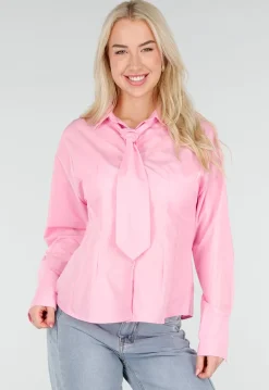 Roze Blouse met Lange Mouwen en Stropdasdetail