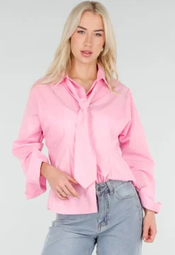Roze Blouse met Lange Mouwen en Stropdasdetail