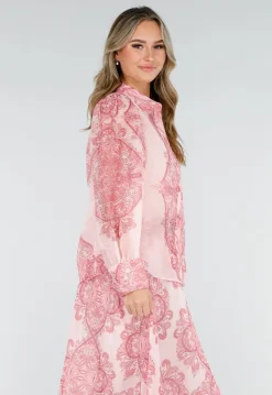 Roze Blouse met Paisley Print en Knopen