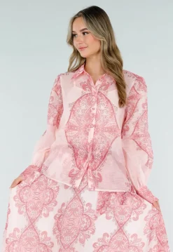 Roze Blouse met Paisley Print en Knopen