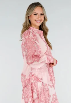 Roze Blouse met Paisley Print en Knopen