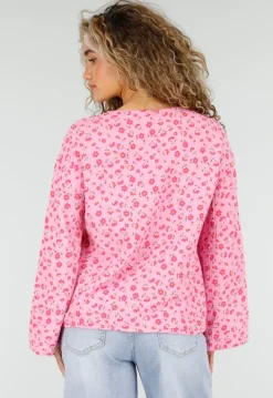 Roze Blouse met Rode Bloemenprint en Striksluiting Voor