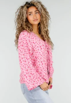 Roze Blouse met Rode Bloemenprint en Striksluiting Voor