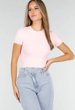 Roze Bodysuit met Korte Mouwen en String Achterkant