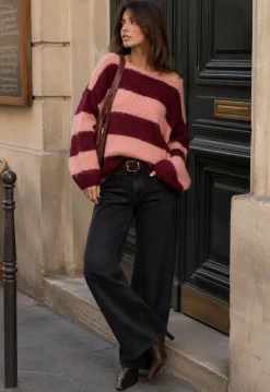 Roze-Bordeaux Gestreepte Gebreide Trui met Lange Mouwen