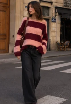Roze-Bordeaux Gestreepte Gebreide Trui met Lange Mouwen