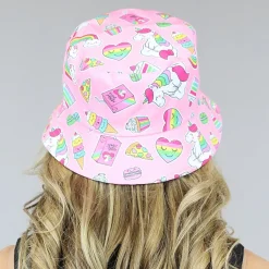 Roze Bucket Hat met Regenboog Snoepjes