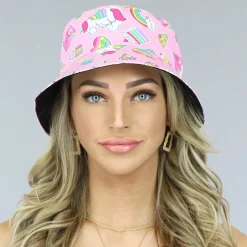 Roze Bucket Hat met Regenboog Snoepjes